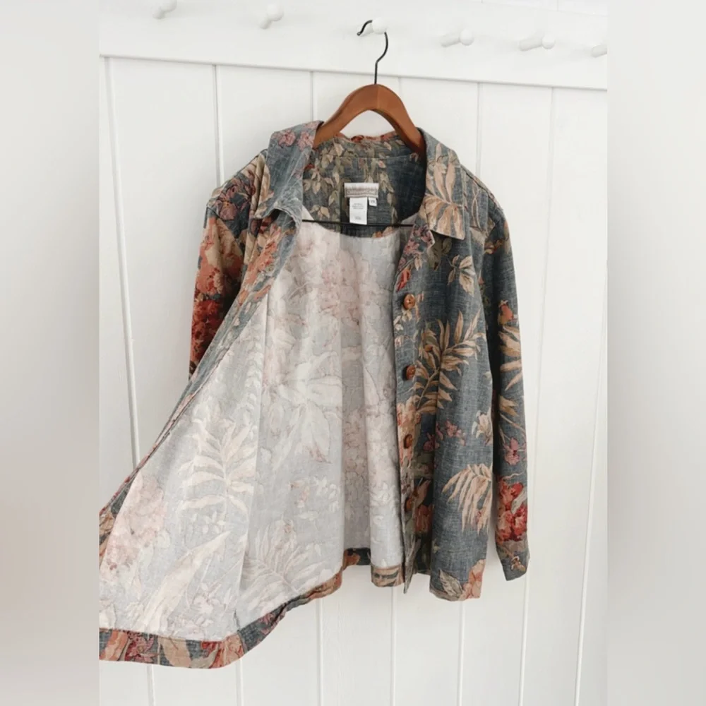 Coldwater Creek Canvas 100% Cotton Floral Jacket Muted Colorful Coastal 2X - Picture 6 of 12